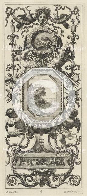 Ornamental Panel Surmounted by the Crowned Head of a Woman and Two Peacocks, 1647. Creator: Michel Dorigny.