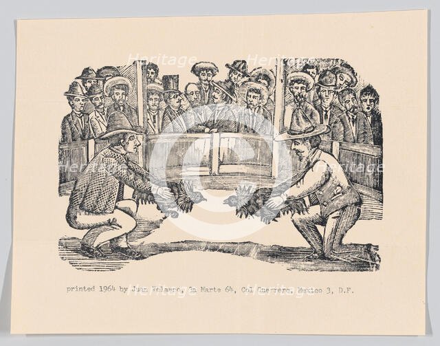 Two men in an arena holding cocks in preparation for a fight, spe..., ca 1890-1910 (reprinted 1964). Creator: José Guadalupe Posada.