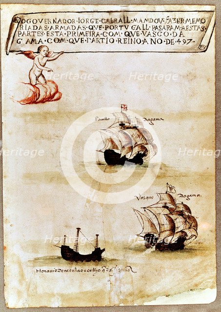Vasco da Gama's fleet at sea, 1497. Artist: Unknown