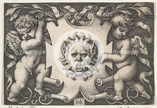 A Mask on an Escutcheon Supported by Two Genii, 1544. Creator: Sebald Beham.