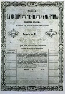 Reproduction of a share of the company Maquinista Terrestre y Marítima, S.A., from Barcelona, fir…