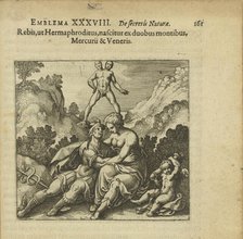 Emblem 38. The Rebis like a hermaphrodite is born from two mountains, Mercurius and Venus, 1816. Creator: Merian, Matthäus, the Elder (1593-1650).