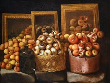 Still life with bottle, fruit, vegetables and three mirrors, First Half of 17th cen.. Creator: Barbieri; Paolo Antonio (1603-1649).