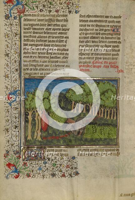 A Wolf Attracted with Bait to a Covered Pit; Livre de la Chasse, about 1430-1440. Creator: Unknown.