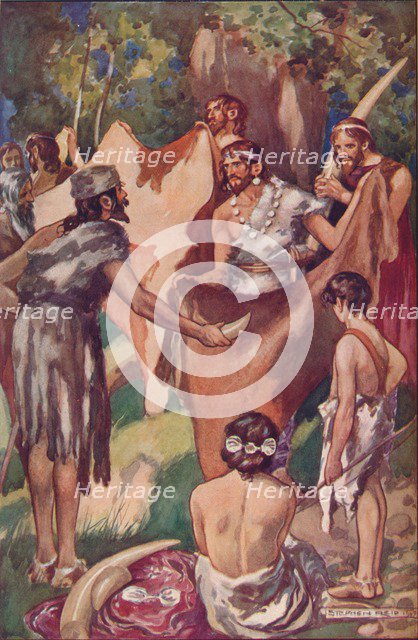 The beginnings of commerce: primitive people bartering ivory tusks and bull hides, 1907. Artist: Unknown.