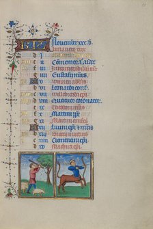 Calendar Page for November: Gathering Acorns for Pigs: Sagittarius; Book of Hours, about 1450-1455. Creator: Master of the Lee Hours.