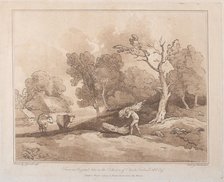 Landscape with a Figure Carrying a Bundle of Branches, a Copice Behind, Two Cows i..., May 21, 1789. Creator: Thomas Rowlandson.