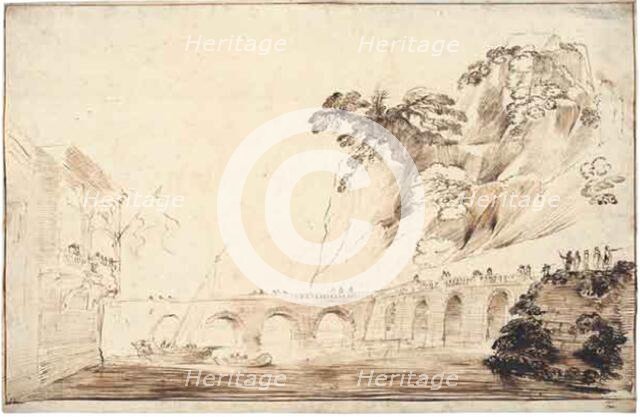 Landscape with a River Crossed by a Bridge, Lined with Spectators, Leading to a..., c.1630. Creator: Guercino.
