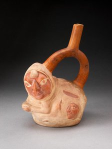 Handle Spout Vessel in the Form of a Crouching Figure with Human Heads Attached to..., 100 BC/AD500. Creator: Unknown.