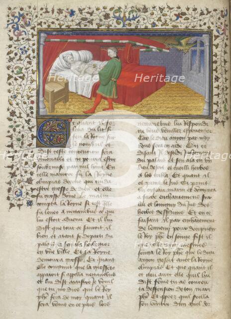 Miniature of Nectanebus practicising the enchantments of Olympias, who lies in bed, c1420.  Creator: Unknown.