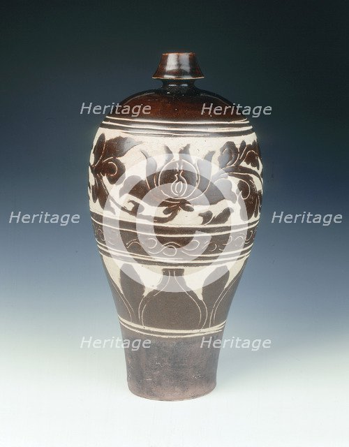Cizhou-type sgraffito carved brown glazed meiping vase, Jin dynasty, China, late 12th-13th century. Artist: Unknown