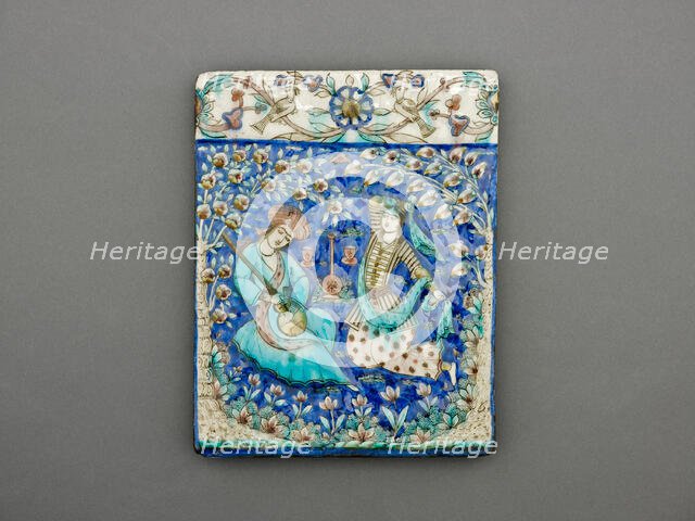 Rectangular Tile with Musician and Dancer, Qajar dynasty (1796-1925), 19th century. Creator: Unknown.