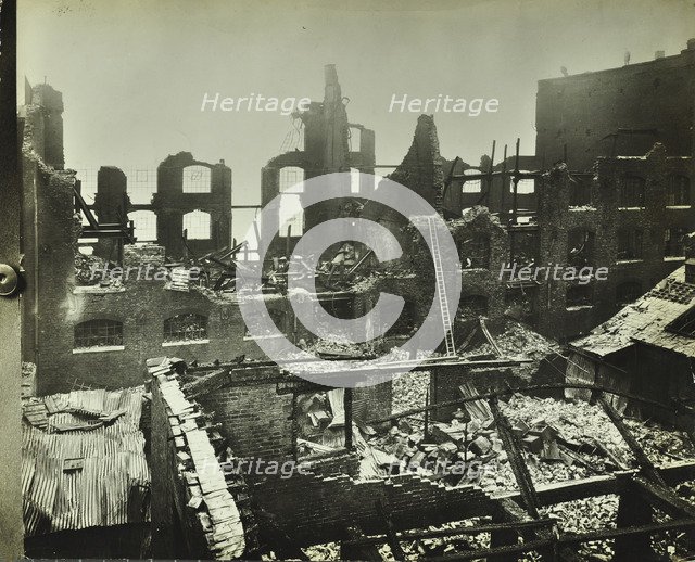 Burnt-out building, Concordia Wharf, Poplar, London, 1924. Artist: Unknown.