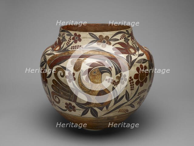 Polychrome Jar with Rainbow, Macaw, and Floral Motifs, 1880s. Creator: Unknown.