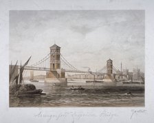 View of Hungerford Suspension Bridge and boats on the River Thames, London, 1854.                    Artist: Louis Julien Jacottet