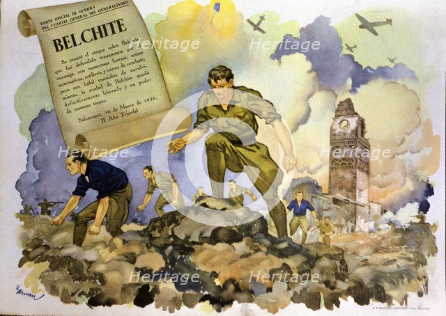 Spanish Civil War, 1936-39. Battle of Belchite on the Aragon front, allegorical drawing by Arnau …