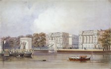 View of Cadogan Pier with boats on the River Thames, Chelsea, London, c1860. Artist: Anon