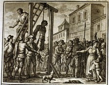 Hanging the Governor by settlers during the French occupation (1650), engraving, 1807.