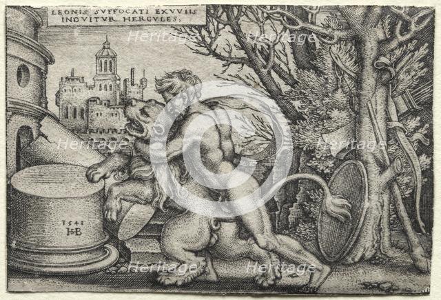 The Labors of Hercules: Hercules Strangling the Nemean Lion, 1548. Creator: Hans Sebald Beham (German, 1500-1550).
