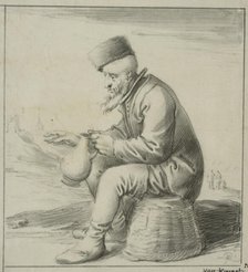 Elderly man sitting on an upside down basket, 1630s. Creator: Pieter Jansz. Quast.
