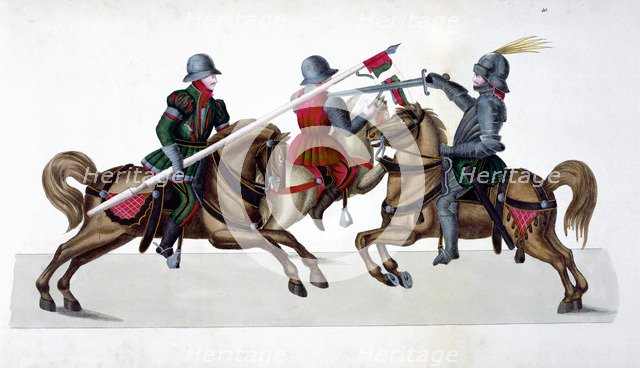 Three knights jousting at a tournament, 1842.