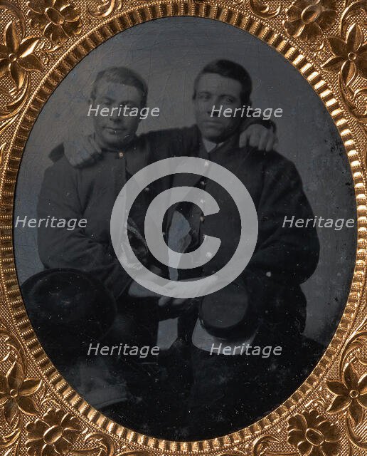 Two Union Soldiers Holding Hands, Arms Around Each Other's Shoulders, 1860s. Creator: Unknown.