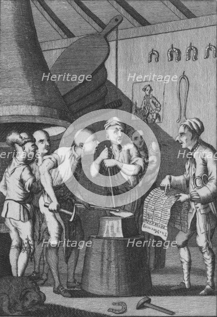 'The Blacksmith lets his Iron grow cold attending to the Taylor's News', 1772. Artist: Unknown.