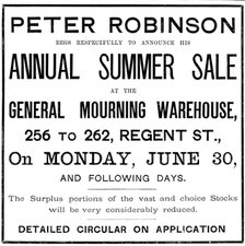 Advertisement for Peter Robinson Annual Summer Sale, 1890. Creator: Unknown.