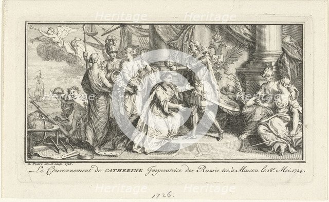 Peter the Great crowns his wife Catherine I as Empress, 1726. Artist: Picart, Bernard (1673–1733)