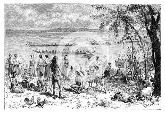 Boat racing on the Mekong, 1895.Artist: Charles Barbant