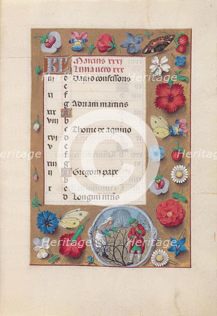 Hours of Queen Isabella the Catholic, Queen of Spain: Fol. 4r, March, c. 1500. Creator: Master of the First Prayerbook of Maximillian (Flemish, c. 1444-1519); Associates, and.