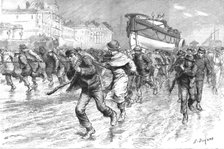 ''The Gales on the South Coast - Dragging the Lifeboat from Brighton to Portslade', 1891. Creator: G Durand.