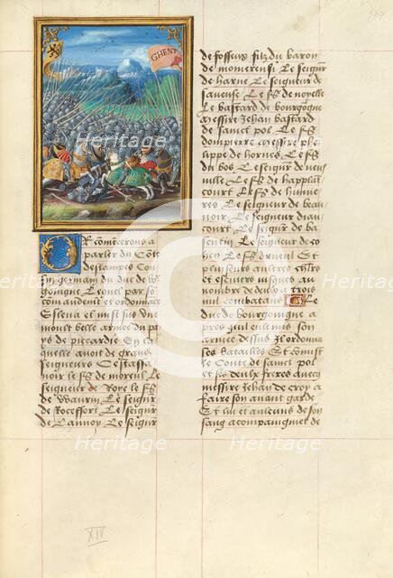 The Battle at the Bridge over the River Scheldt; Livre des faits de Jacques de Lalaing, about 1530. Creator: Master of the Getty Lalaing.