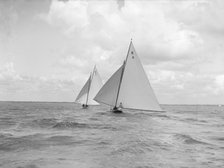 The 7 Metre class 'Anitra' (K4) and 'Ginevra' (K7) race downwind, 1912. Creator: Kirk & Sons of Cowes.