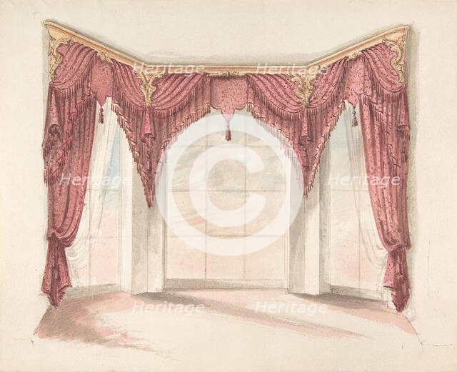Design for Red Curtains with Red Fringes and a Gold Pediment, early 19th century. Creator: Anon.