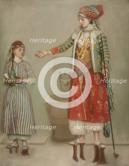 A lady in Turkish costume with her servant at the hammam, Mid of the 18th cen.. Artist: Liotard, Jean-Étienne (1702-1789)