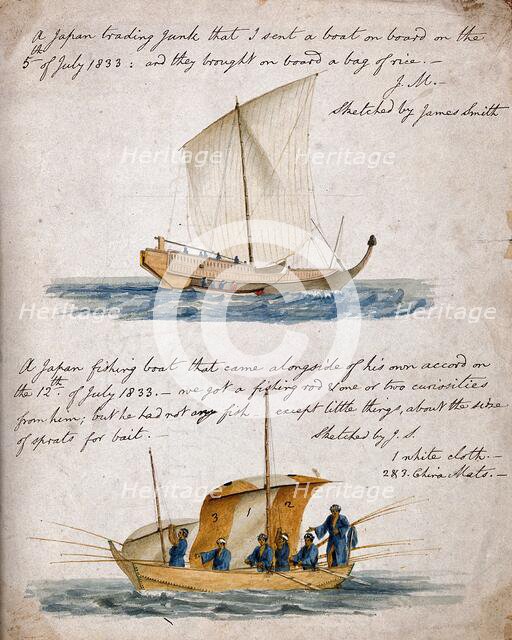 Ship-building: two types of Japanese boat, 1833. Creator: James Smith.