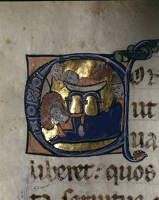 Nativity, illuminated capital letter in the 'Episcopal Sacramentary of Elna' manuscript on parchm…