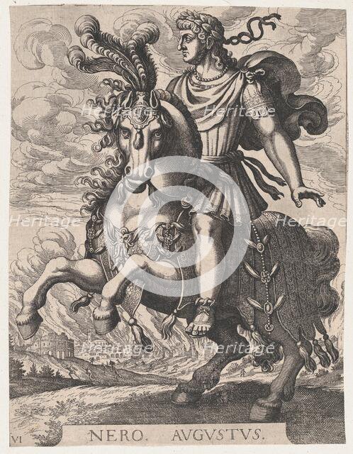 Plate 6: Emperor Nero on Horseback, from 'The First Twelve Roman Caesars', after Tempes..., 1610-50. Creators: Matthaus Merian, Nero.