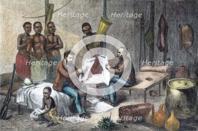 Livingstone and Stanley receiving newspapers in Central Africa, 1871-1873. Artist: Pearson
