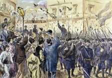 Liberation of Bilbao during the Third Carlist War in 1874, colored engraving in 'La Ilustración E…