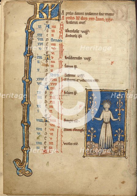 April Calendar Page; Picking Flowers; Psalter, mid-1200s. Creator: Unknown.