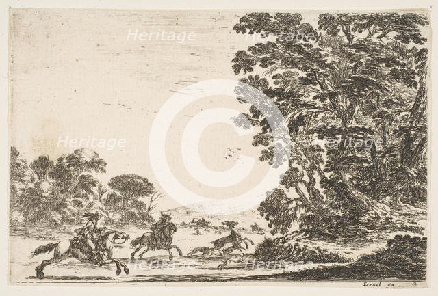 Plate 4: a deer hunt, two horsemen galloping towards the left behind three dogs and a deer..., 1642. Creator: Stefano della Bella.