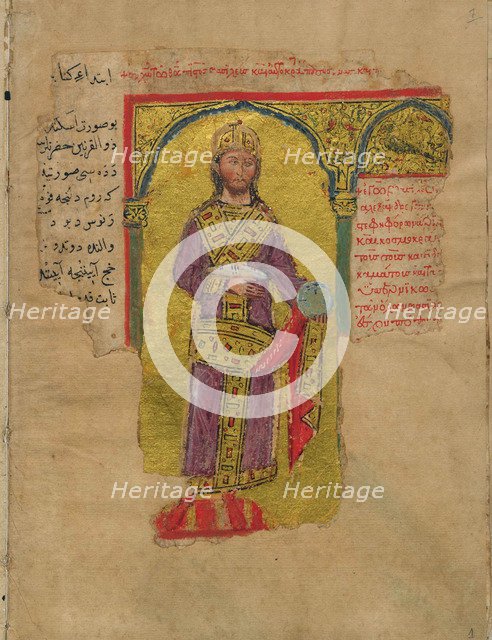 Alexander the Great in the Byzantine Emperor Dress (Miniature from the Alexander romance), 14th cent Artist: Byzantine Master  