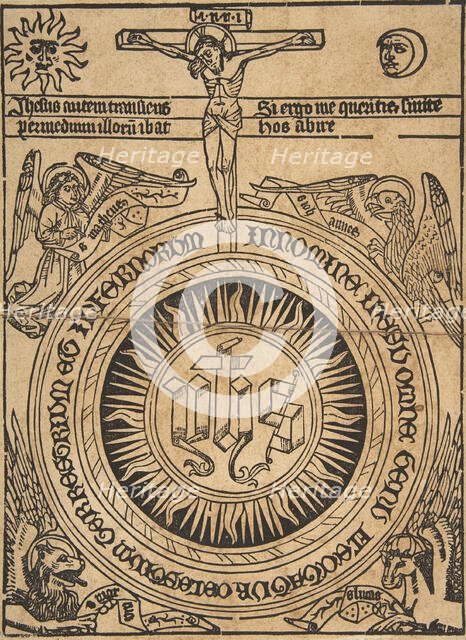 The Sacred Monogram with the Symbols of the Evangelists and the Crucifixion (Schr...., 15th century. Creator: Anon.