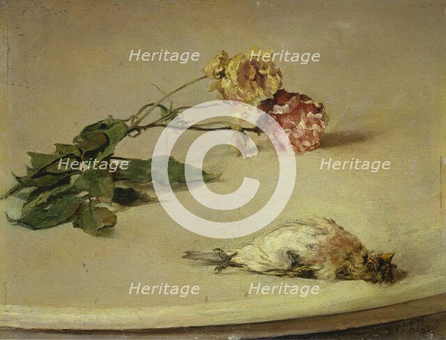 Dead Bird and Two Roses on a Table Board, 1882. Creator: Louis Eysen.