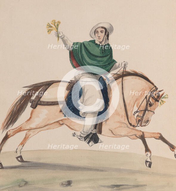An elegantly dressed woman on horseback, from a group of drawings depicting Peruvian..., ca. 1848. Creator: Attributed to Francisco (Pancho) Fierro.