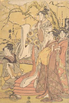 The Oiran Hinazuru of Chojiya Standing upon a Pile of Futon, ca. 1794. Creator: Kitagawa Utamaro.