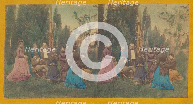 Two women twirling a rope for a child, others observing, about 1860. Creator: Unknown.