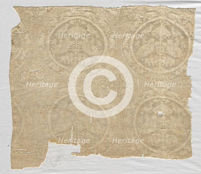 Silk fragment with confronted animal medallions and kufic bands, 1480-1649. Creator: Unknown.